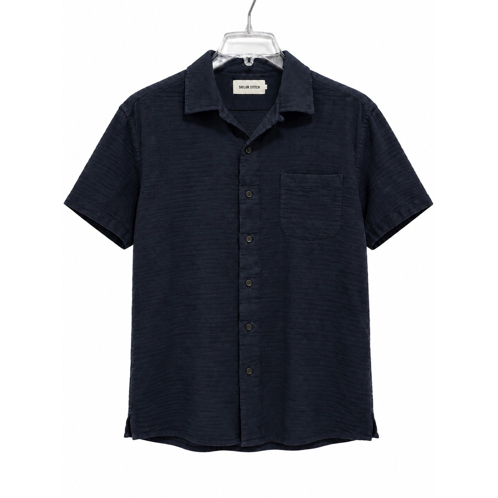 Taylor Stitch Mens 42 Large Navy Waffle Weave Camp Collar Short Sleeve Shirt L